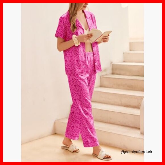 Silky Satin Pajama Set Short Sleeve Button Down Sleepwear Lounge Set - Picture 3 of 6